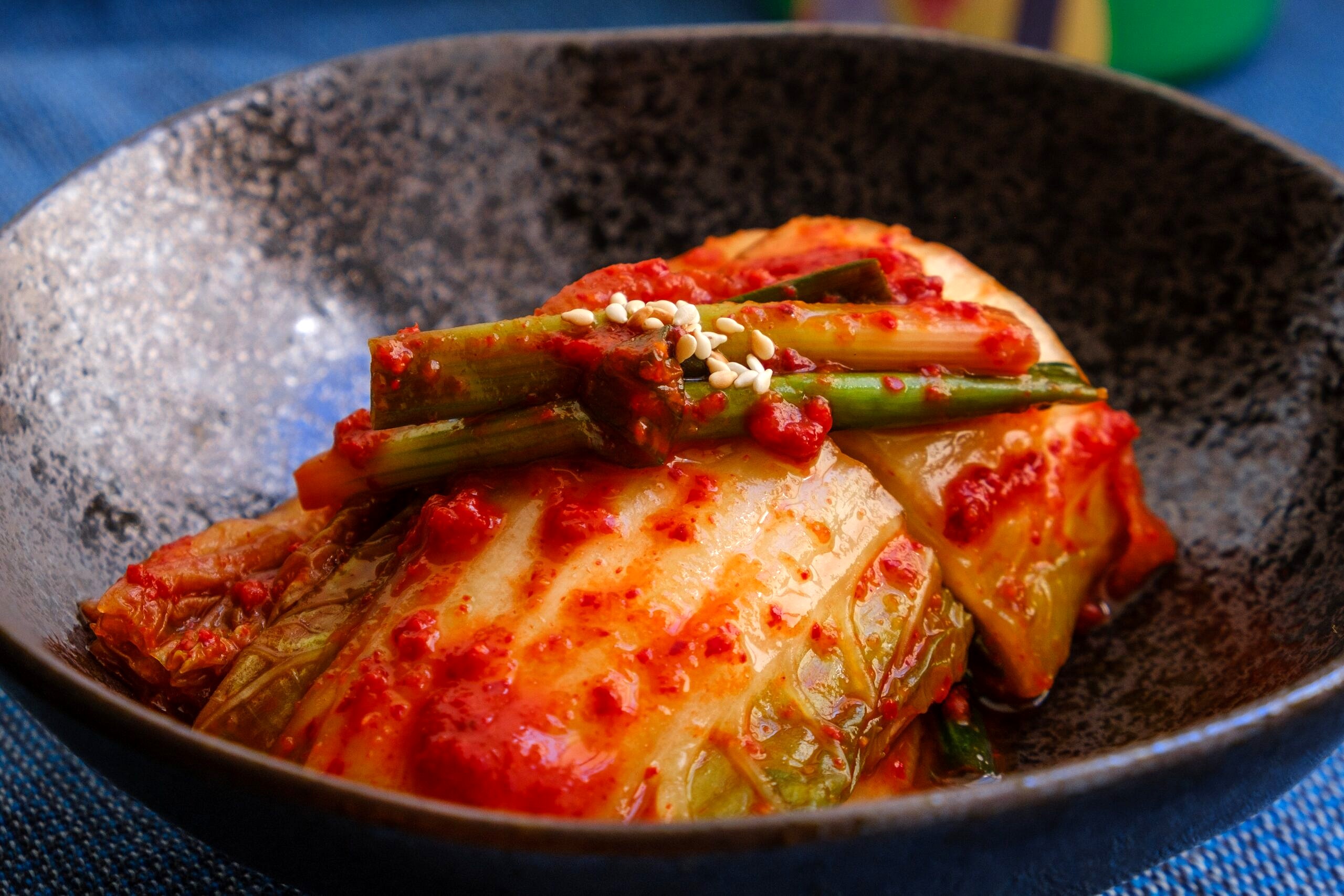 Close up of kimchi in a bowl.