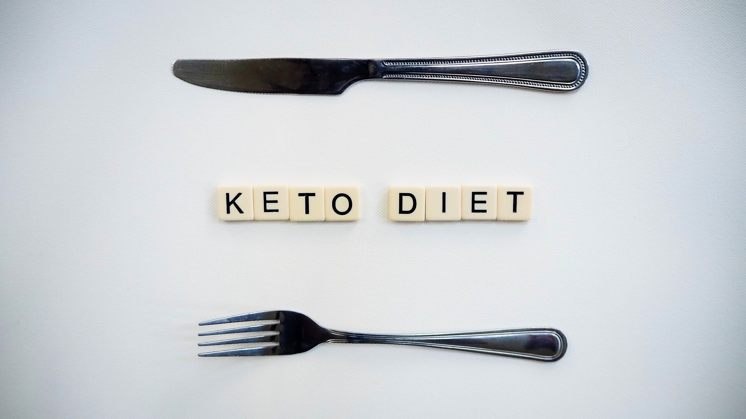Grey background with two forks and letters spelling "keto diet".