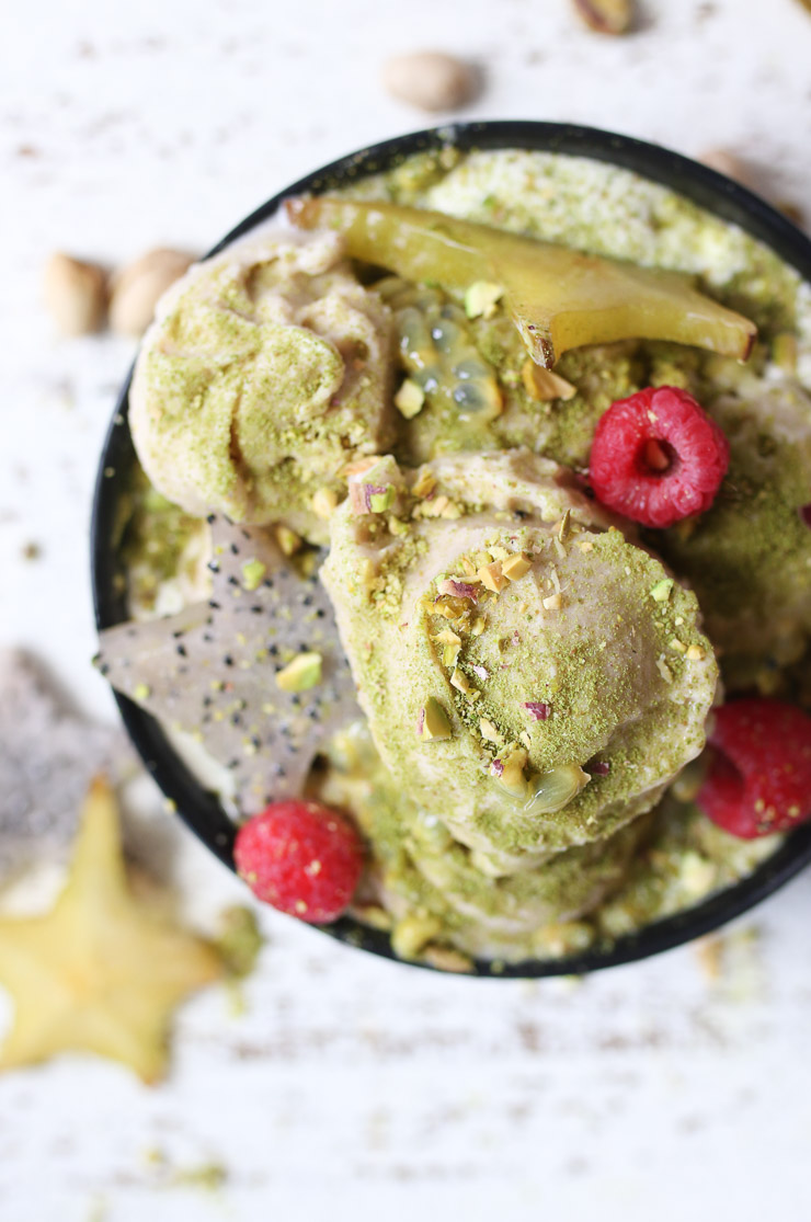 Birds eye view of a bowl of pistachio protein ice cream.