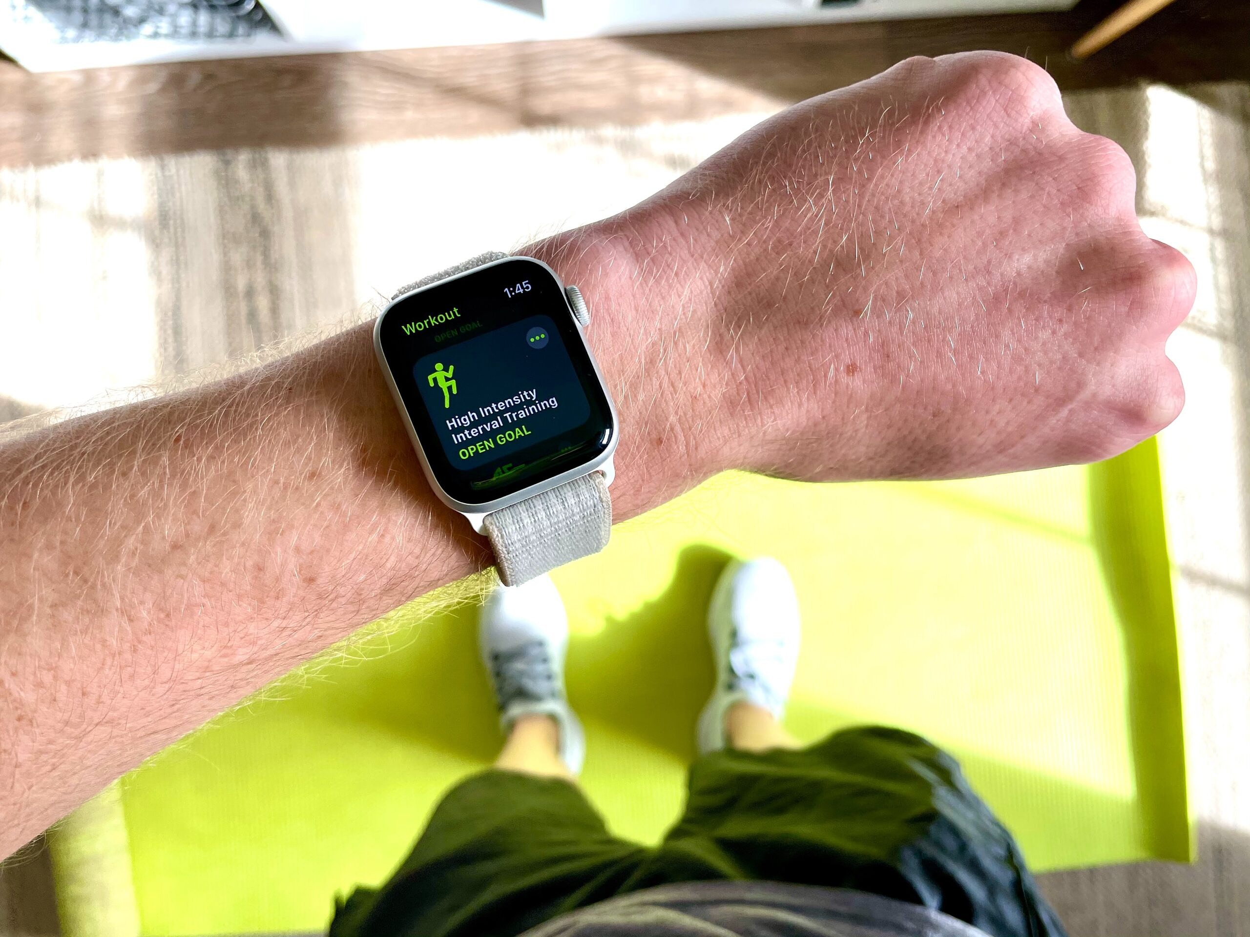 Wrist with apple watch during exercise.