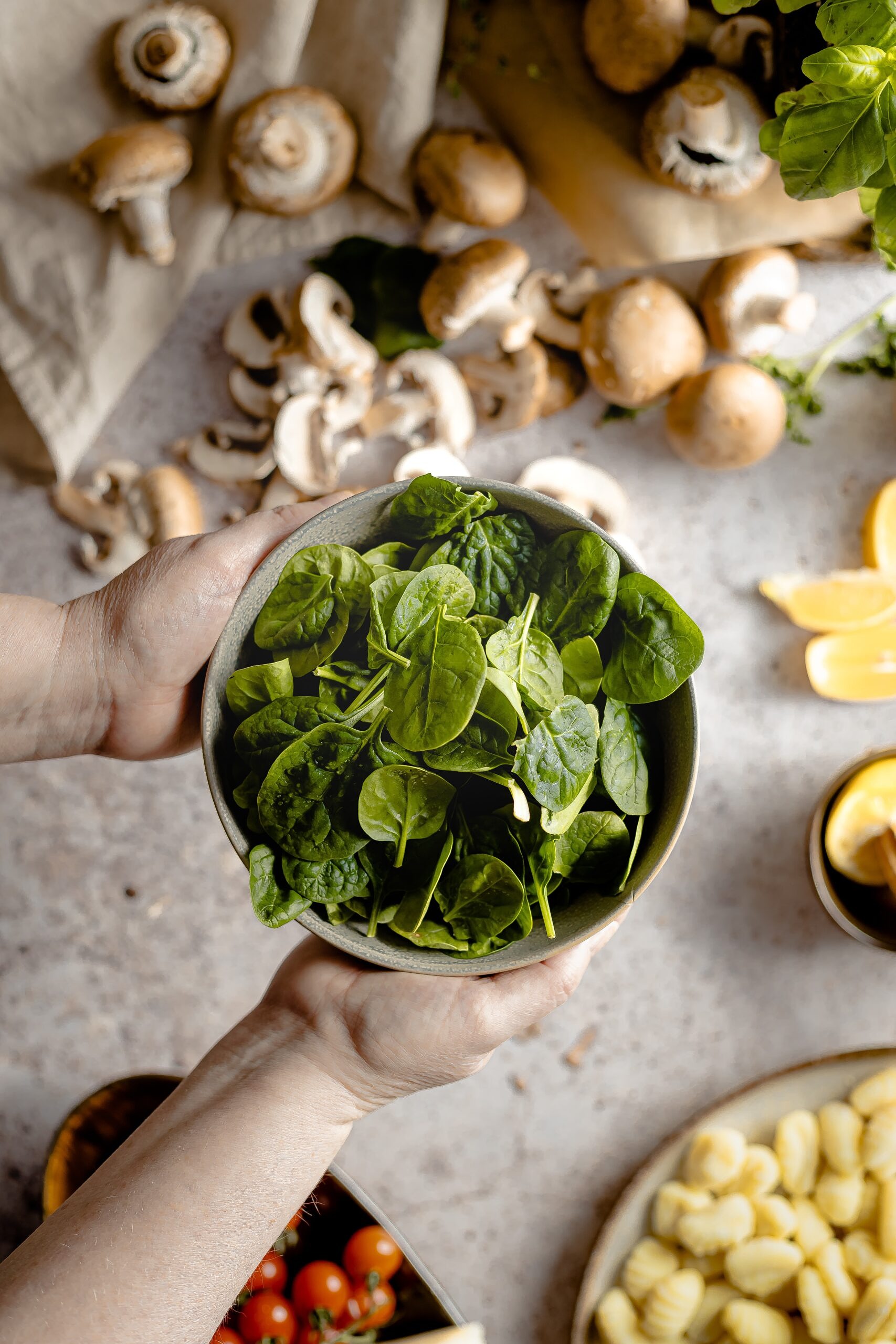 Hands holding a bowl of spinach with vegetables in the background.