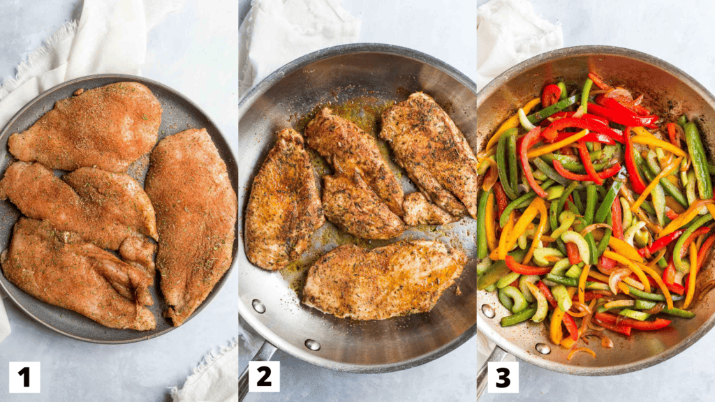 Step by step photos to make jerk chicken recipe by rubbing chicken breasts with jerk seasoning, frying chicken breasts in a pan, and adding veggies to a pan.
