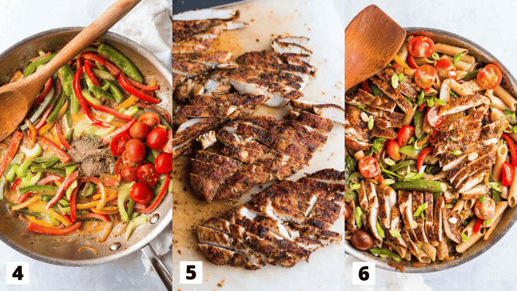 Step by step instructions to make jerk chicken recipe by adding coconut milk to veggies in a pan, slicing jerk chicken and adding chicken to veggies.