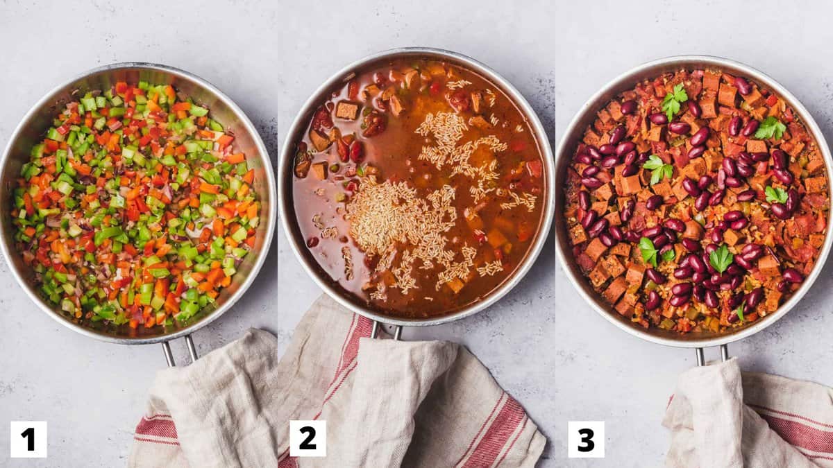 Birds eye view of 3 different steps to make the vegan jambalaya. Each picture is the recipe in a silver pot with a tan and red striped cloth on the handle.