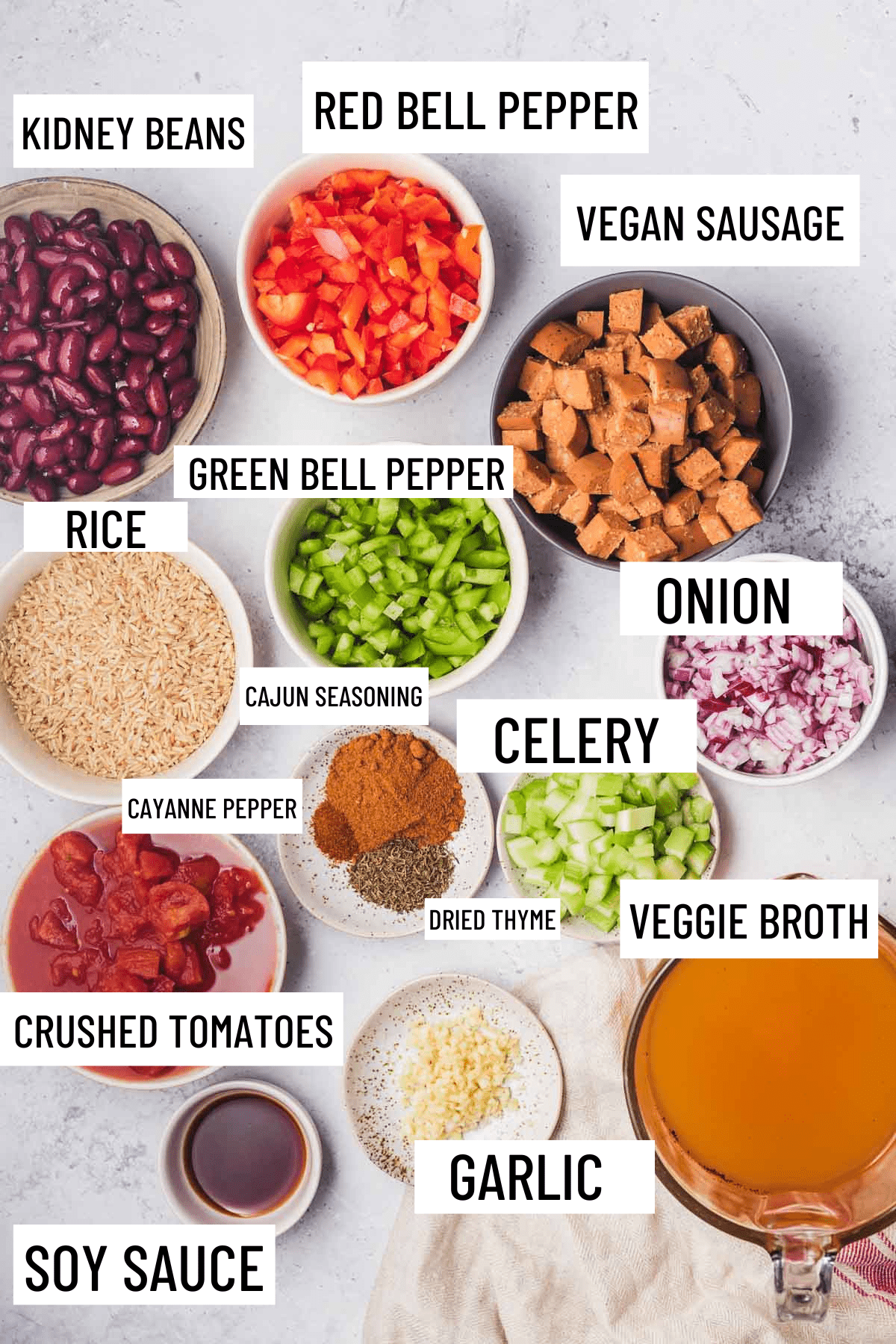 Birds eye view of the ingredients to make the vegan jambalaya.