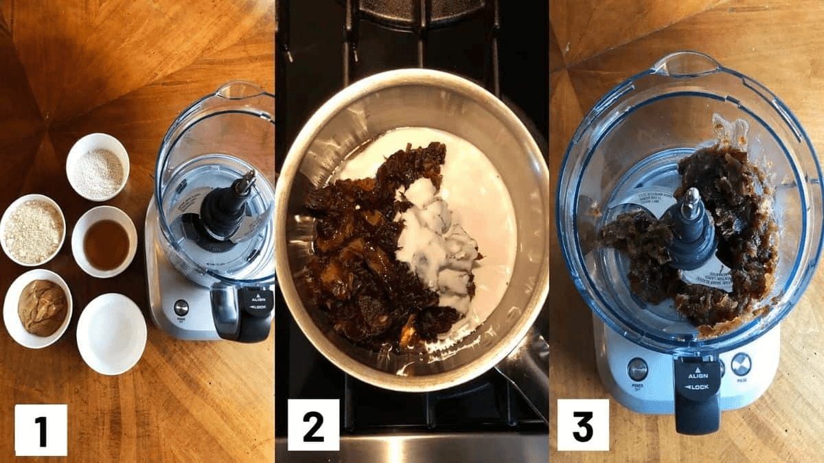 Side by side process shots of homemade snickers bars, including ingredients being mixed in a food processor.
