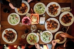 birds eye view of assortment of food on a table