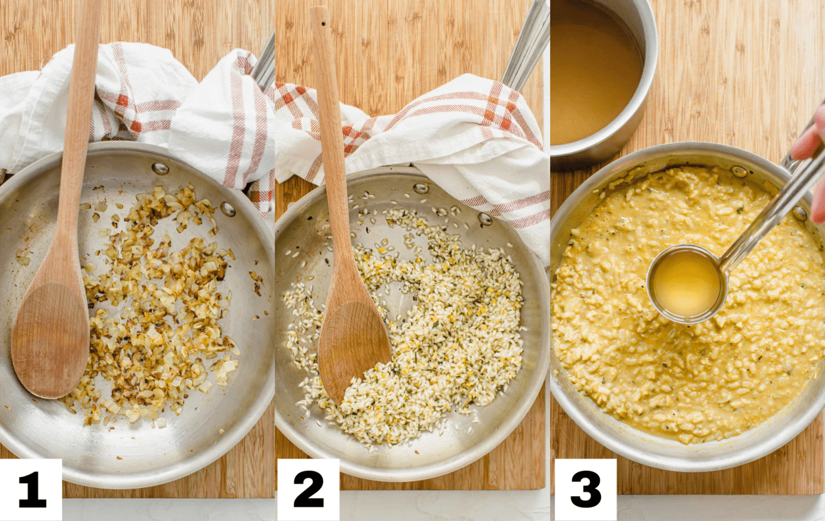 Birds eye few of the following steps: Onions caramelizing on a pan with a wooden spoon, Dry arborio rice heating up in a pan with rosemary and sage, Vegetable broth being added to risotto.