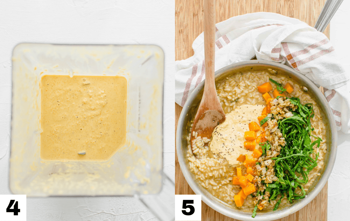 Birds eye view of the following steps: Cashew cream in a blender & Cashew cream, butternut squash, swiss chard, and onions adding to risotto.