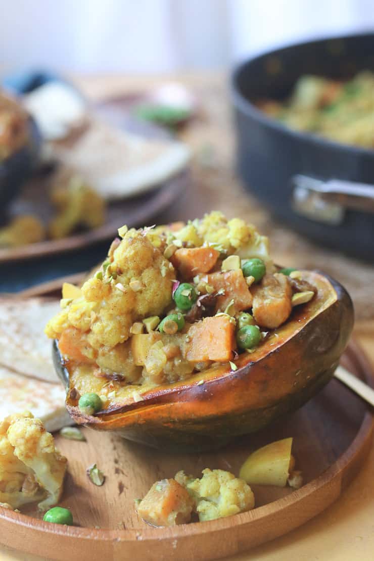 Coconut lentil curry stuffed in an acorn squash.