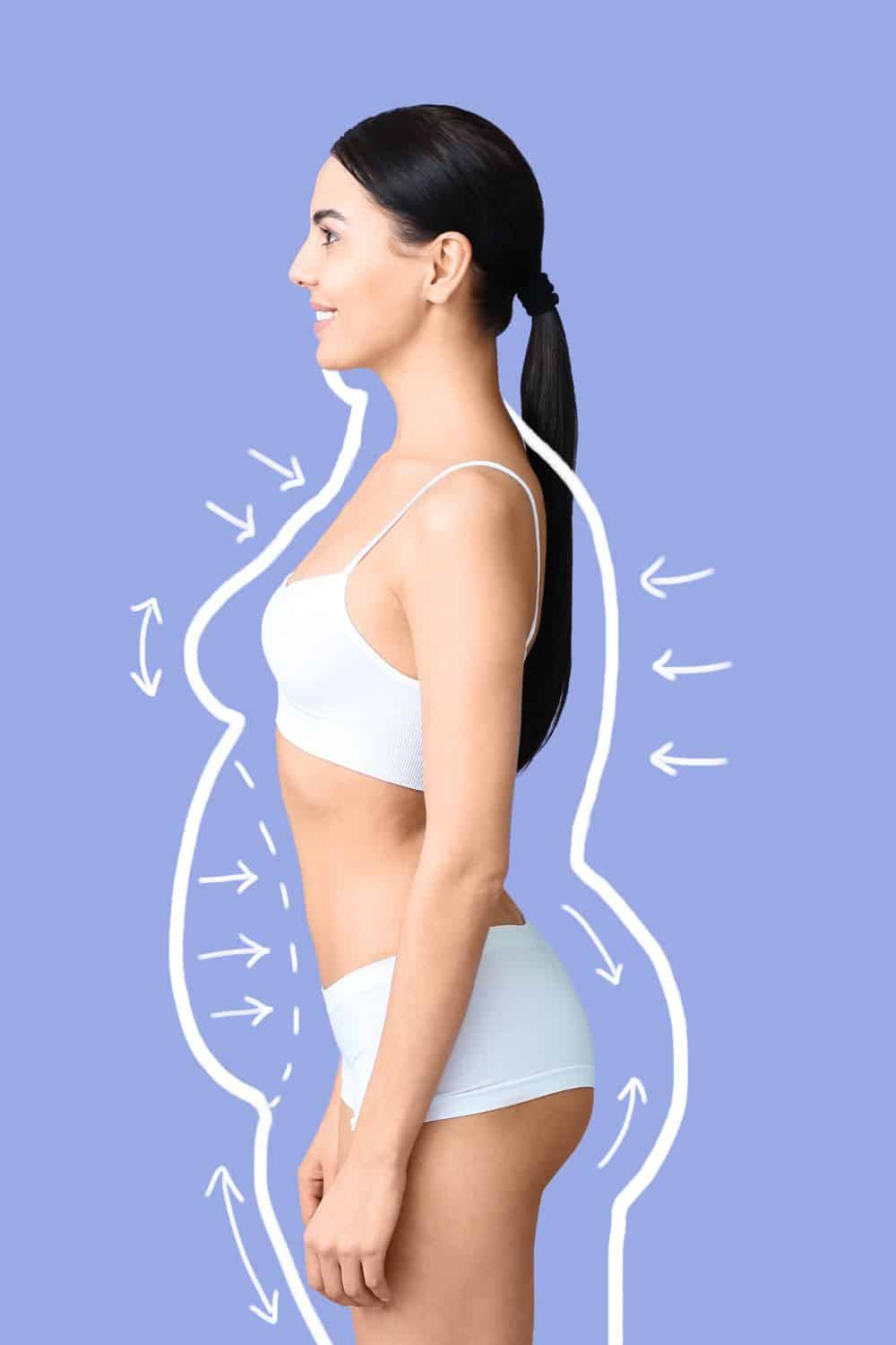 Woman standing sideways with outline of weight loss around her.