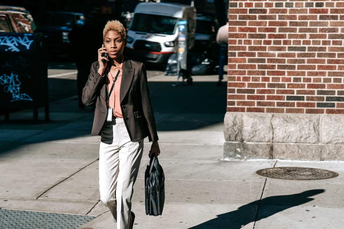 Woman walking while on a call.