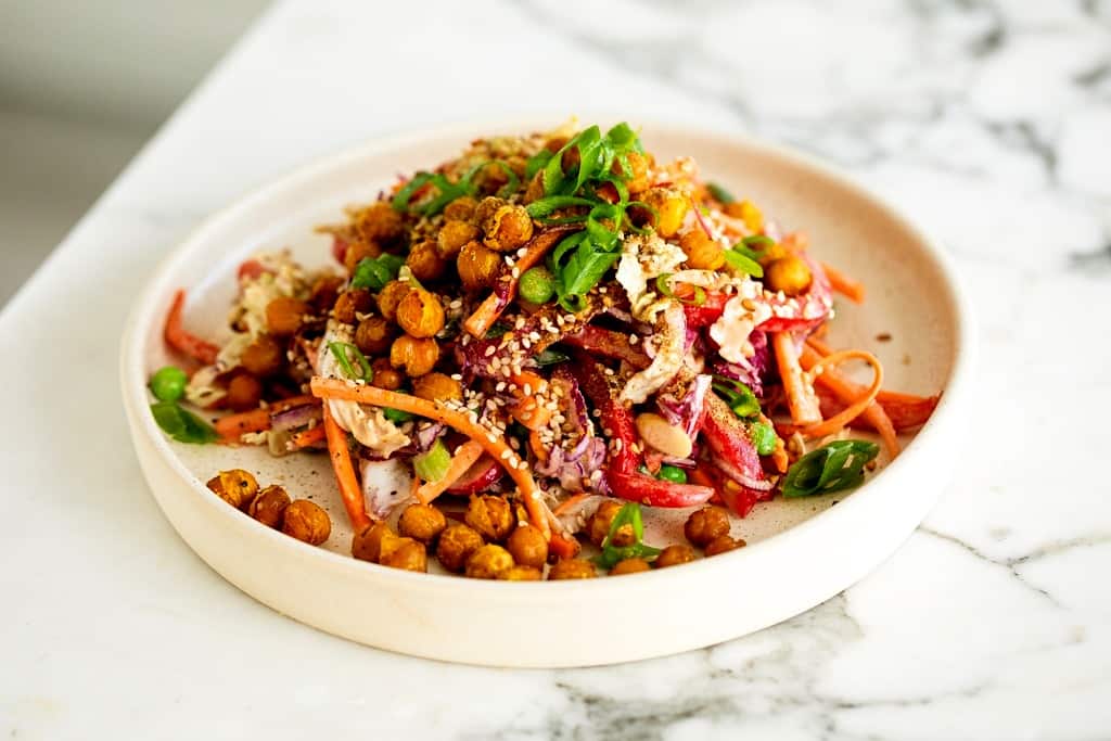 Close up of salad with chickpeas for plant-based protein.