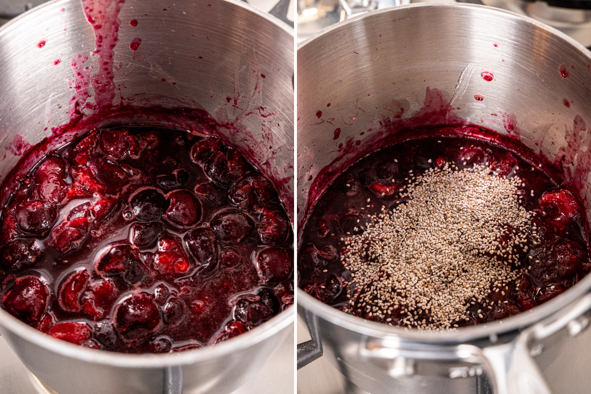 Step by step photos showing how to make cherry chia jam.