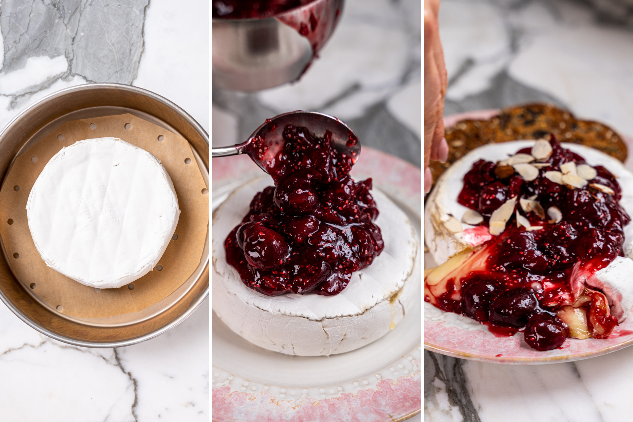 Step by step photo instructions showing a wheel of baked brie, spooning cherry chia jam on top of brie, and serving baked brie with crackers.