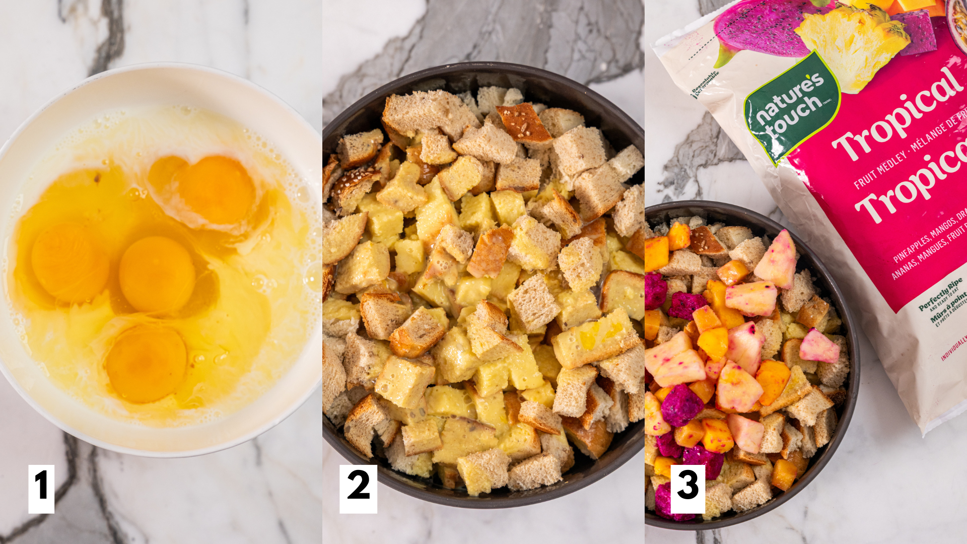 Step by step images of making tropical french toast muffins, mixing eggs, tossing bread cubes, and mixing in tropical fruit.