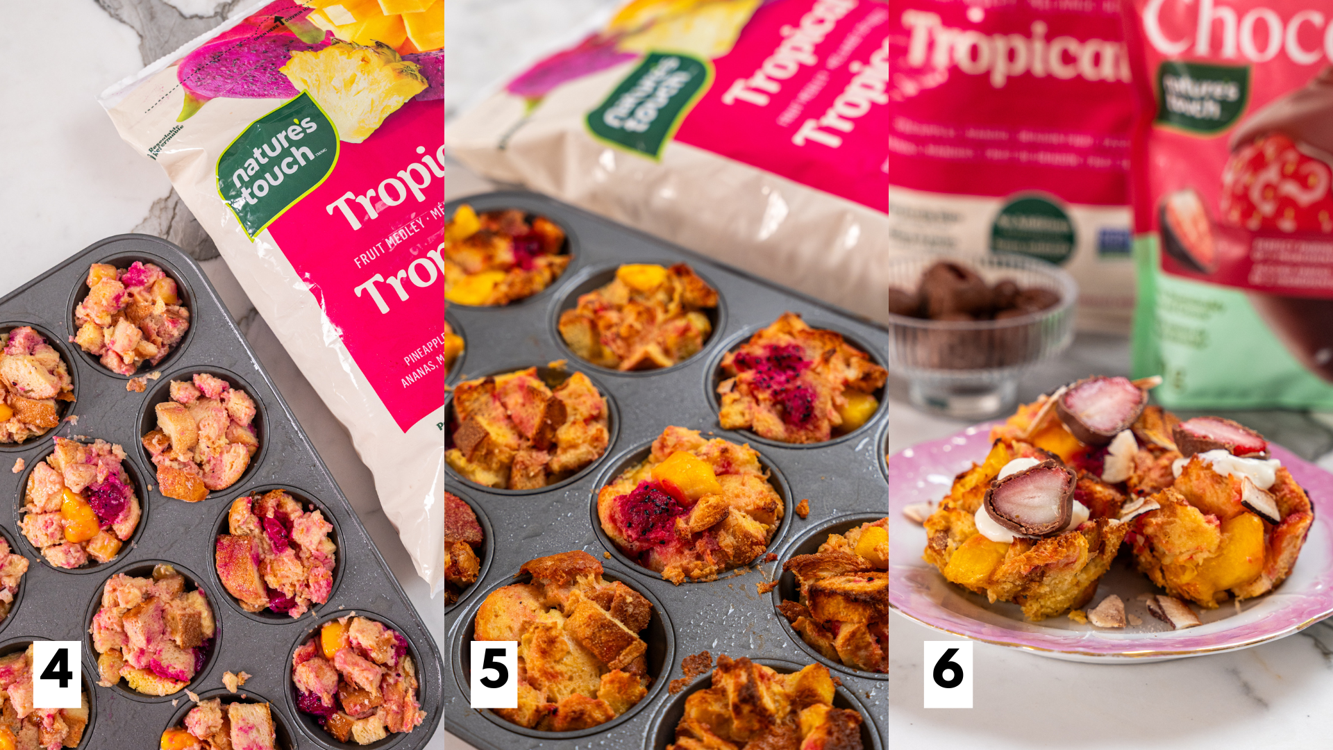 Step by step images of making tropical french toast muffins, adding mixture to muffin tray and baking.