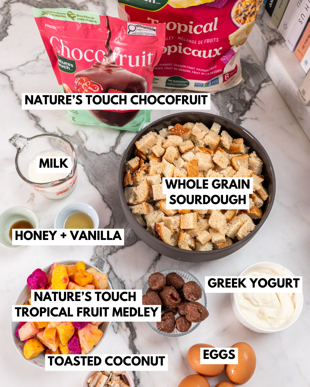 Birds eye of ingredients for tropical french toast muffins.