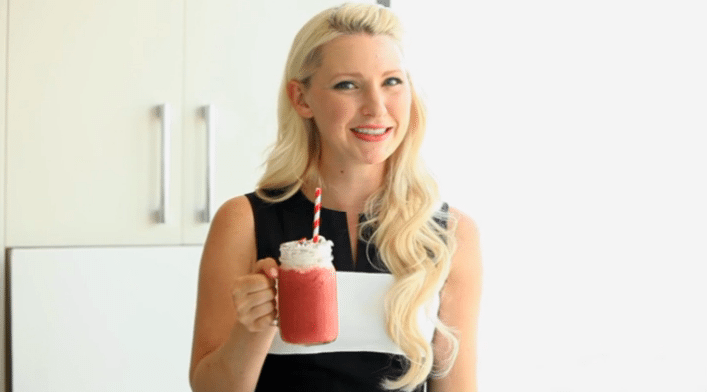 abbey holding homemade red velvet frappuccino