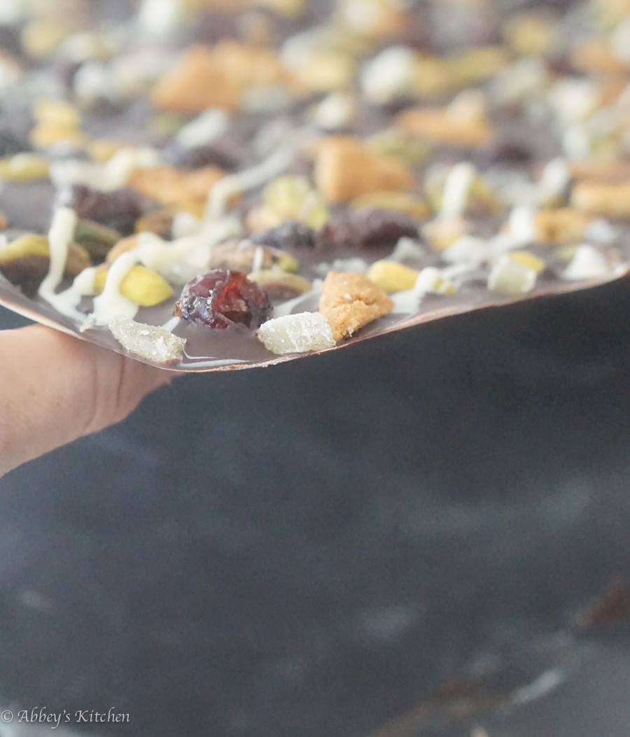 A close up showing how thin chocolate bark is.