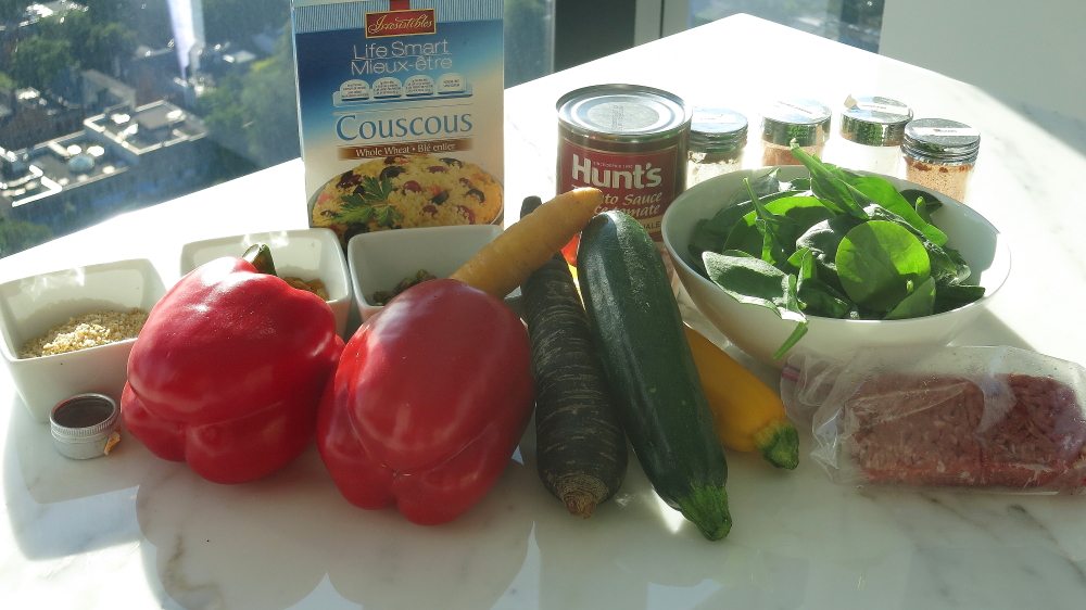 Ingredients needed to make stuffed peppers.