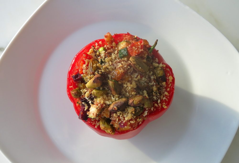 An overhead photo of a stuffed bell pepper.