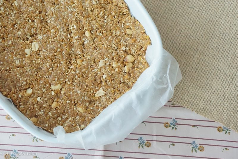 Overhead photo of granola inside of a baking dish.