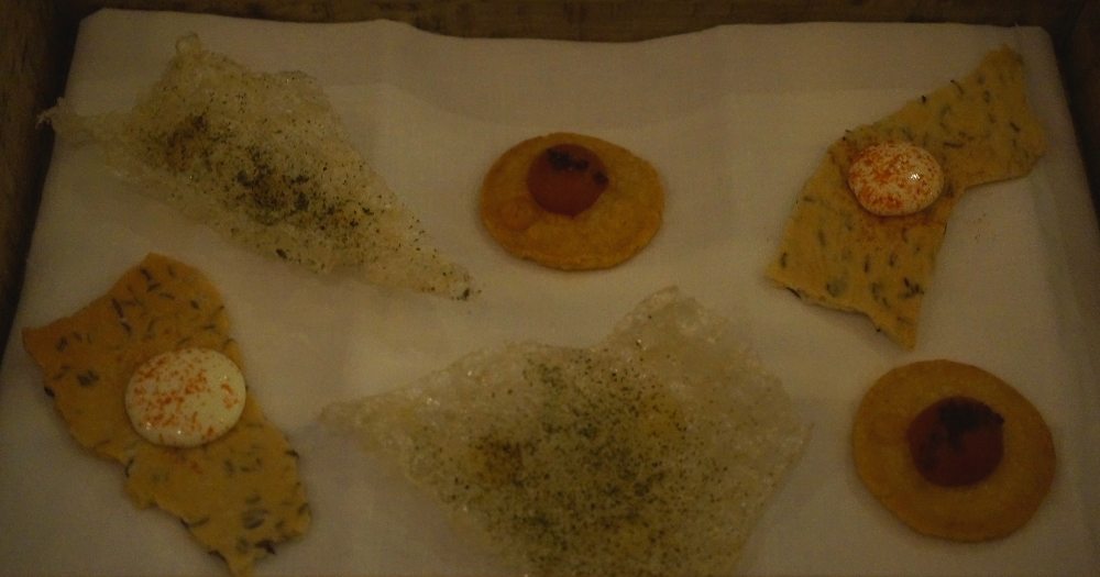 Pork Crackling; Parmesan Biscuit with Tomato and Anchovy; Caraway Cracker with Whipped Smoked Ricotta.